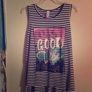 “Good Vibes” black and white striped tank-top